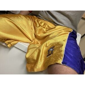 WORN Vintage Shiny Silky Dazzle Yellow Purple Basketball Shorts Soft for MEN‎